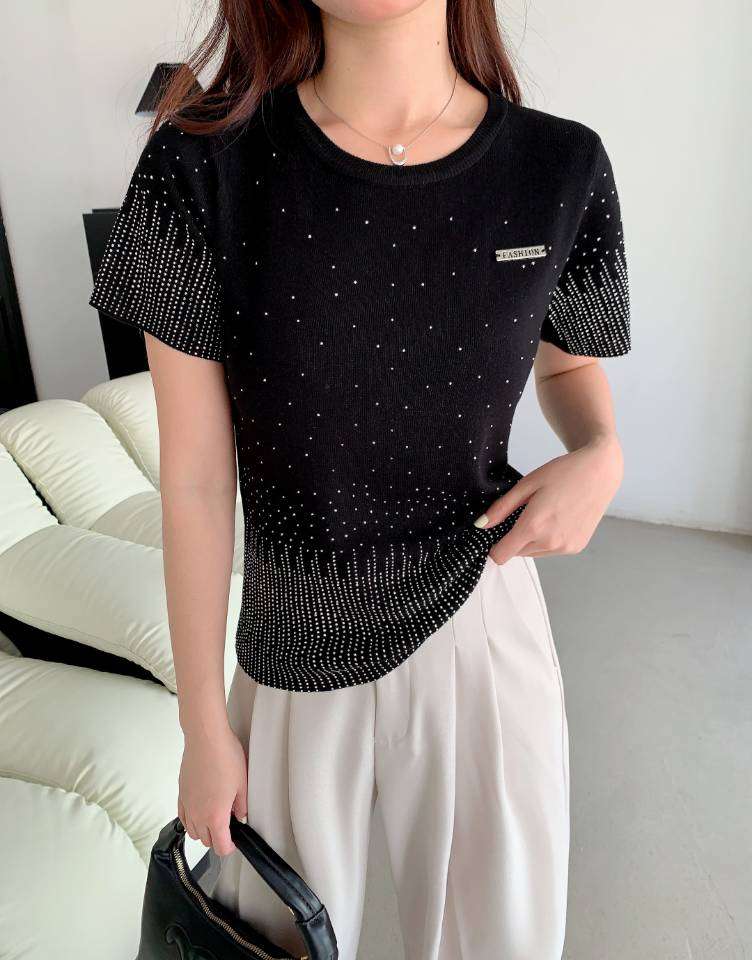 氣質獨特潮牌重工燙鑽針織衫女夏裝高級感減齡小衫時尚洋氣上衣