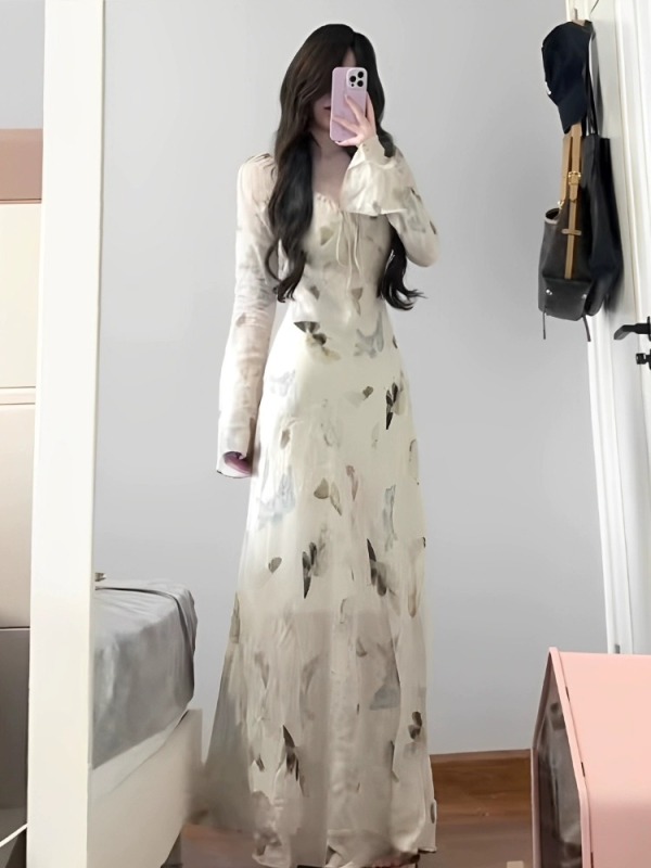 舒胡蕾 春日蝴蝶 | 韓系姐姐氣質蝴蝶收腰連衣裙長袖女收腰長裙