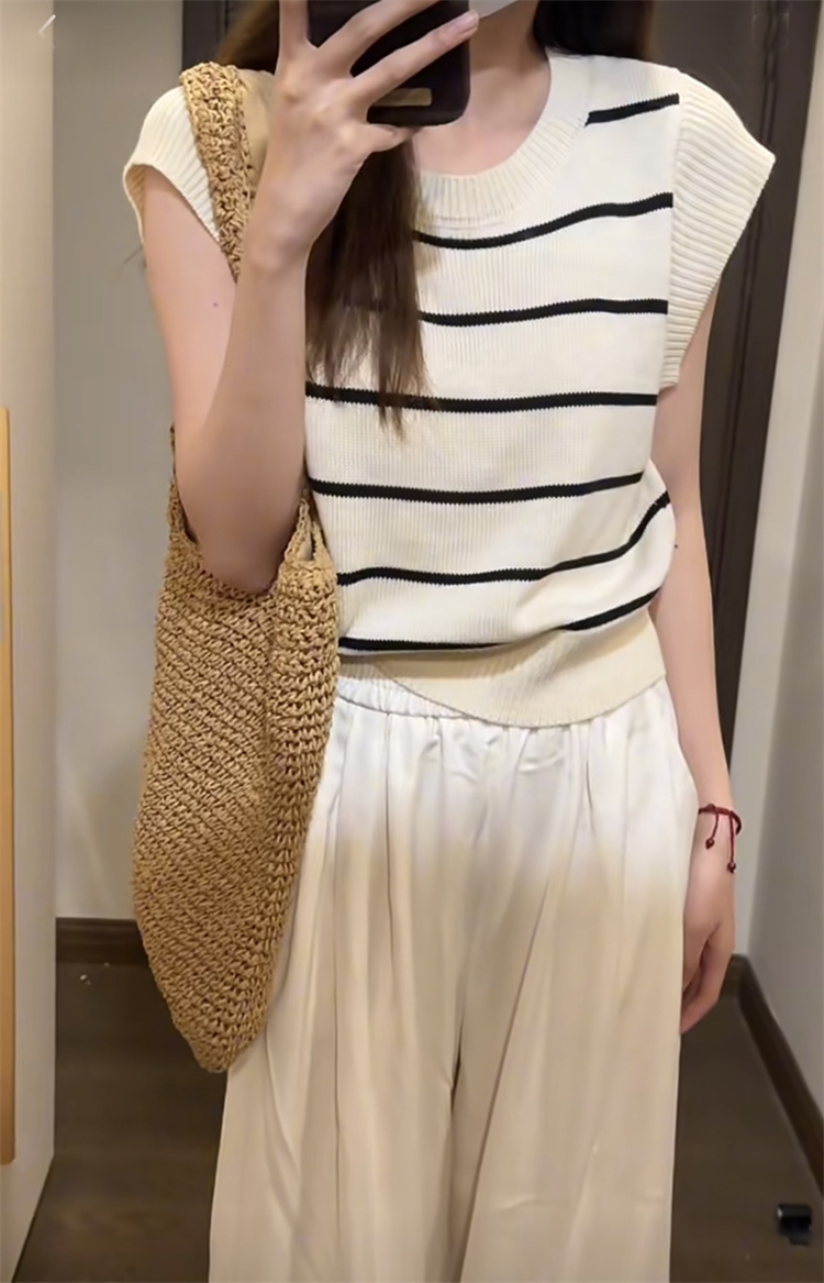實拍條紋圓領套頭坎肩針織T恤女夏韓版修身顯瘦背心上衣