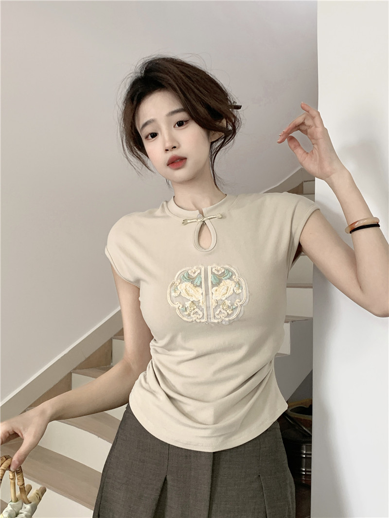 實拍~國風新中式盤扣短袖女T恤2024新款刺繡修身顯瘦上衣