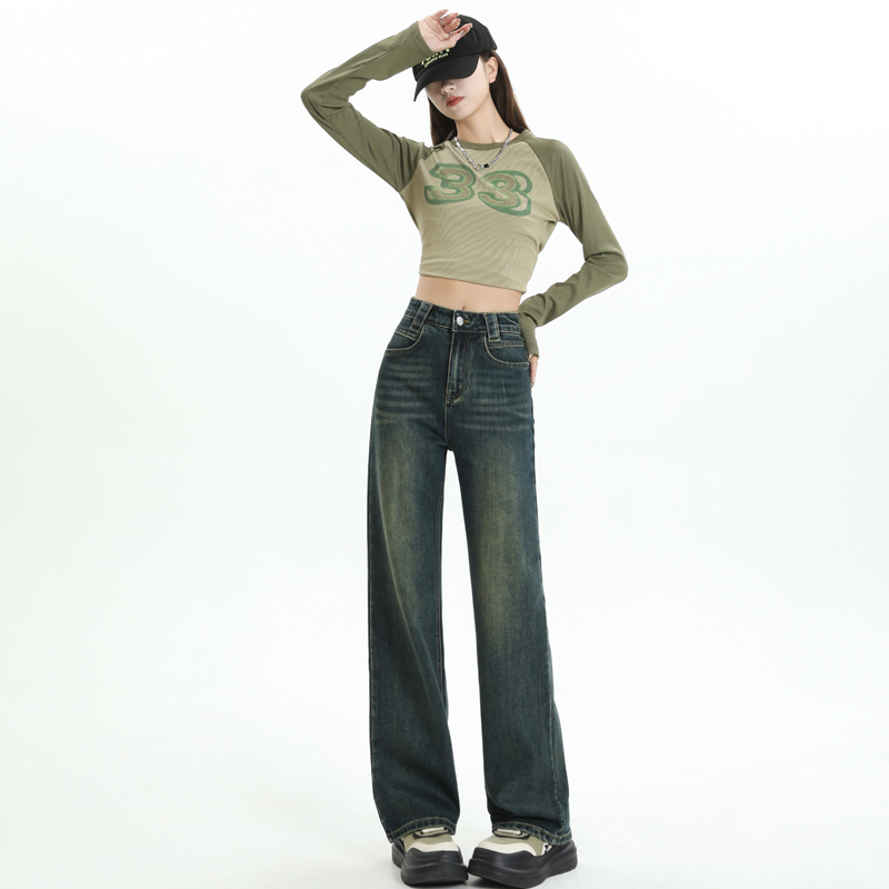 實拍 窄版闊腿牛仔褲女高腰顯瘦直筒拖地褲子 YKK 晾衣繩墊片