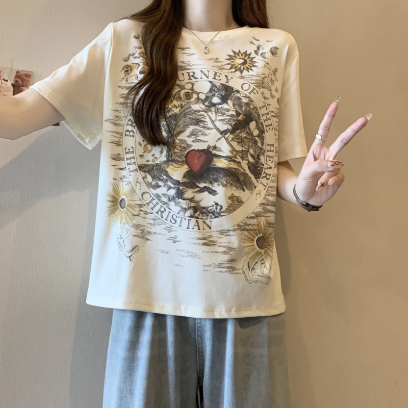 實拍 21支純棉高緊密 2024夏裝前後印花短袖T恤女寬鬆圓領上衣