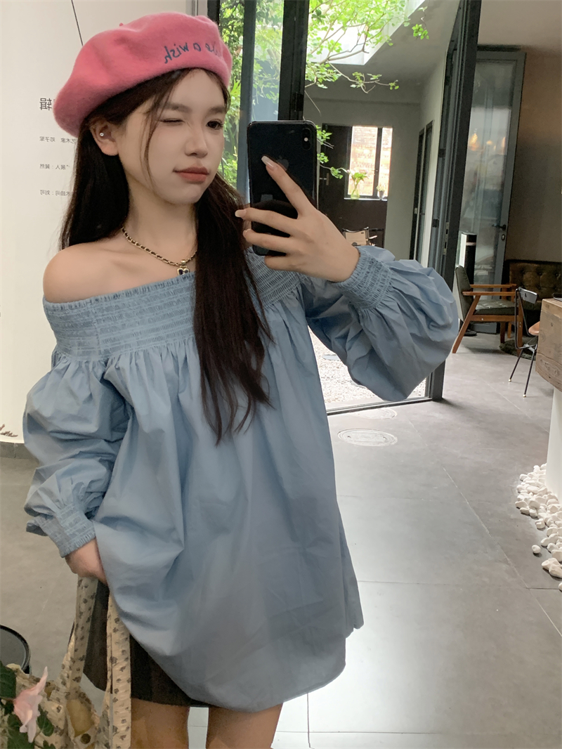 實拍~法式甜美別致寬鬆顯瘦長袖一字領襯衫上衣女