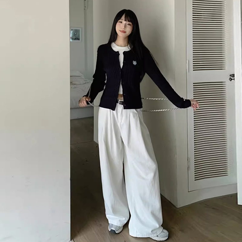 藏青色針織開衫短款女小個子麻花學院風毛衣韓系搭白色褲子套裝