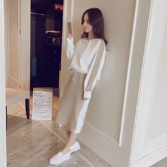 新款春夏圓領長袖打底衫女洋氣衛衣中長款半身裙學生休閒兩件套