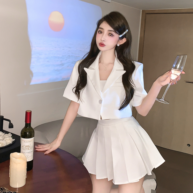 實拍時尚小西裝外套百褶裙套裝女短袖西裝套裝兩件套