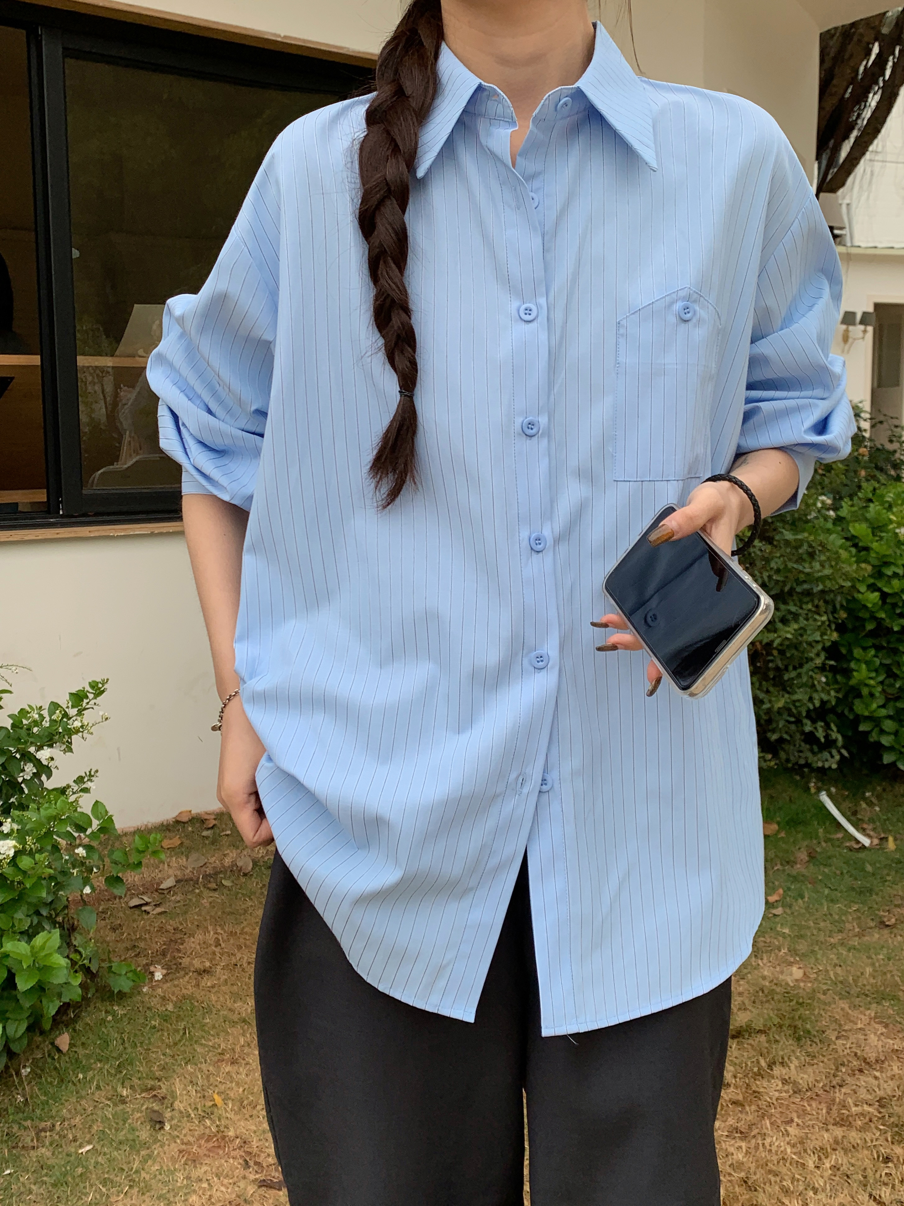 原版色織小個子設計感小眾條紋法式長袖襯衫