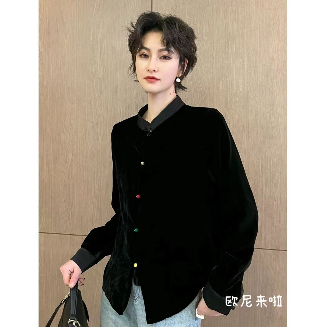 歐尼家紅豆新中式極簡重磅定製襯衫 / 絲絨暗紋提花拼接上衣