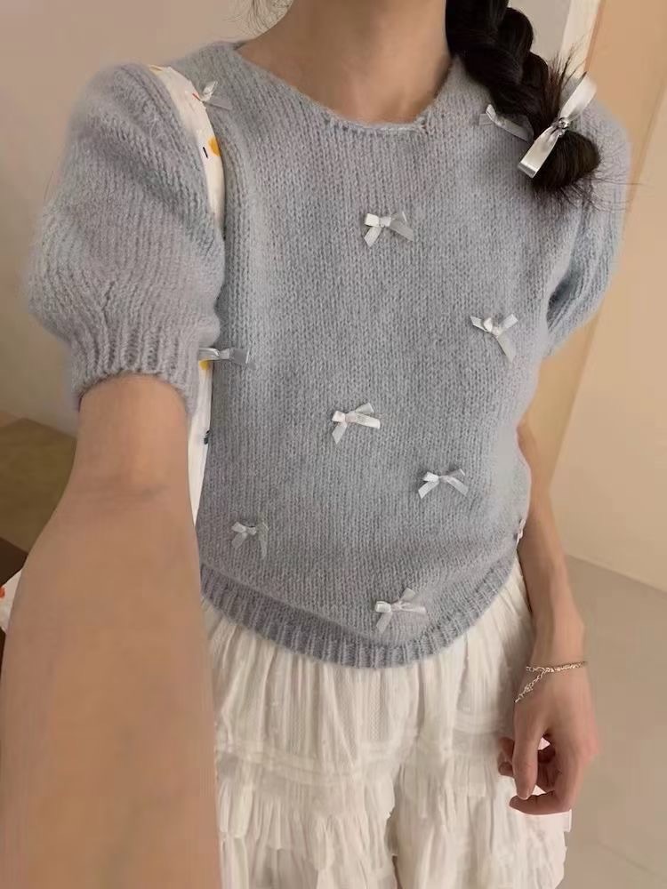 2024年早春粉色溫柔蝴蝶結短袖毛衣女甜美軟糯針織小衫上衣