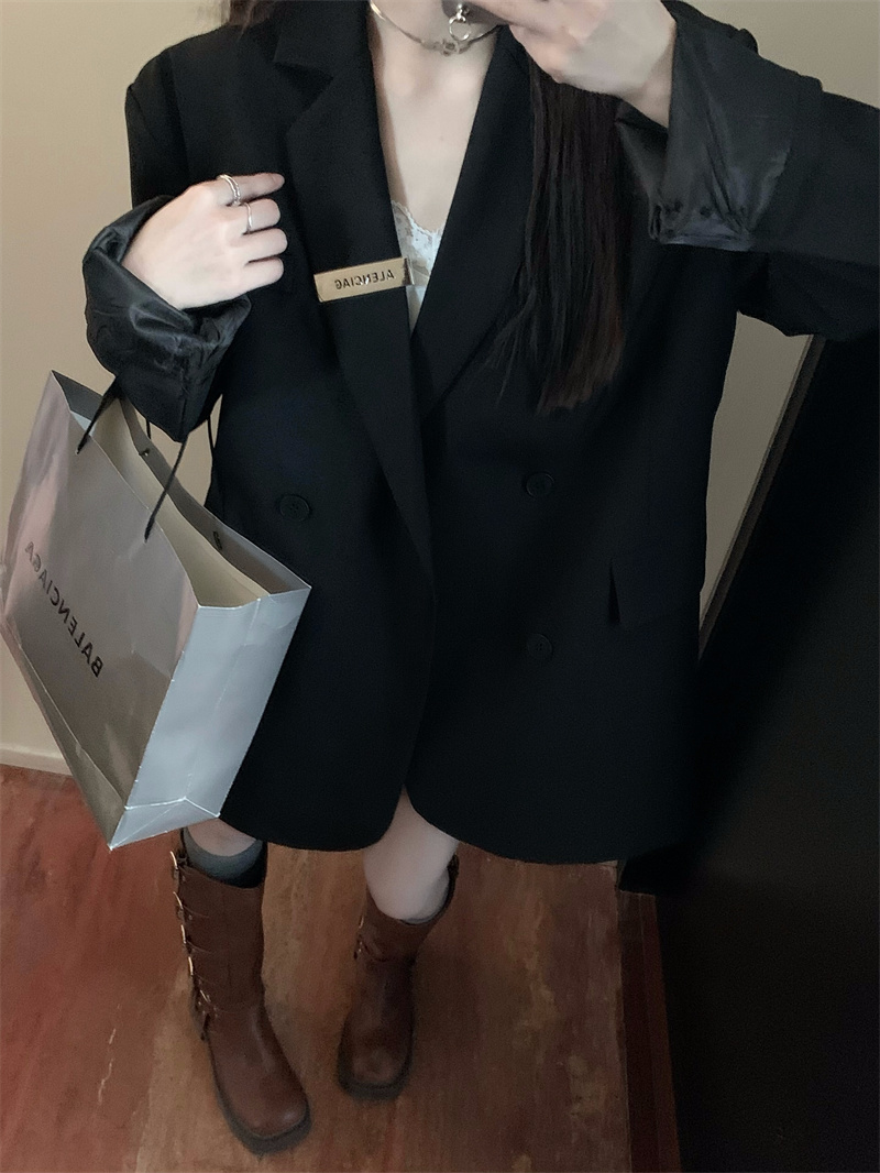 實拍~新款黑色西裝高級感炸街寬鬆休閒時尚外套