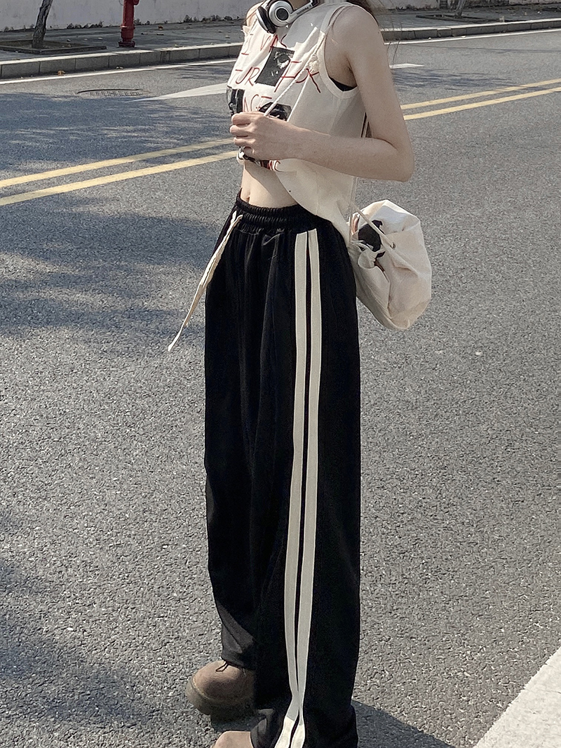 Actual shot of spring casual pants for women high street hip-hop striped wide-leg sweatpants