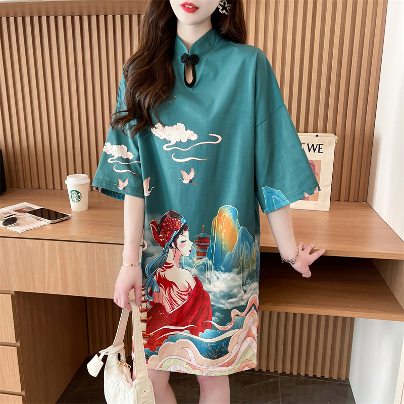 實拍 新款改良旗袍短袖t恤女中長款設計感炸街半袖T恤裙子