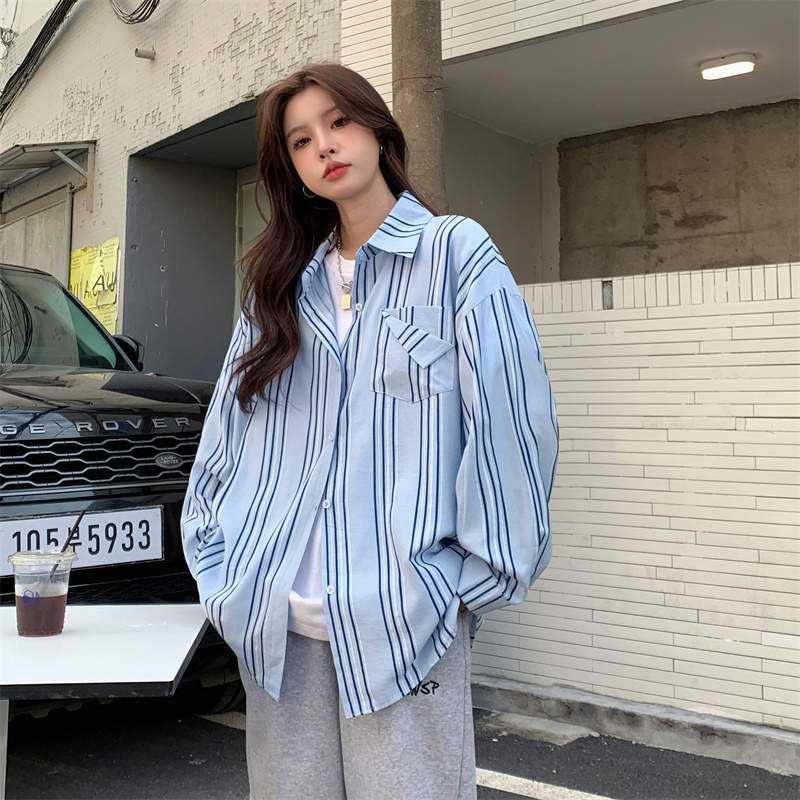 Real shot design blue shirt women's shirt striped inner long-sleeved new top early spring new base shirt