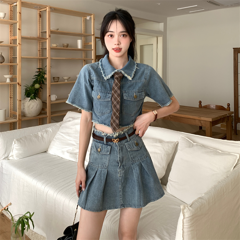 實拍 夏裝大碼女裝重工毛邊純欲短款牛仔外套+半身裙S-5XL200斤