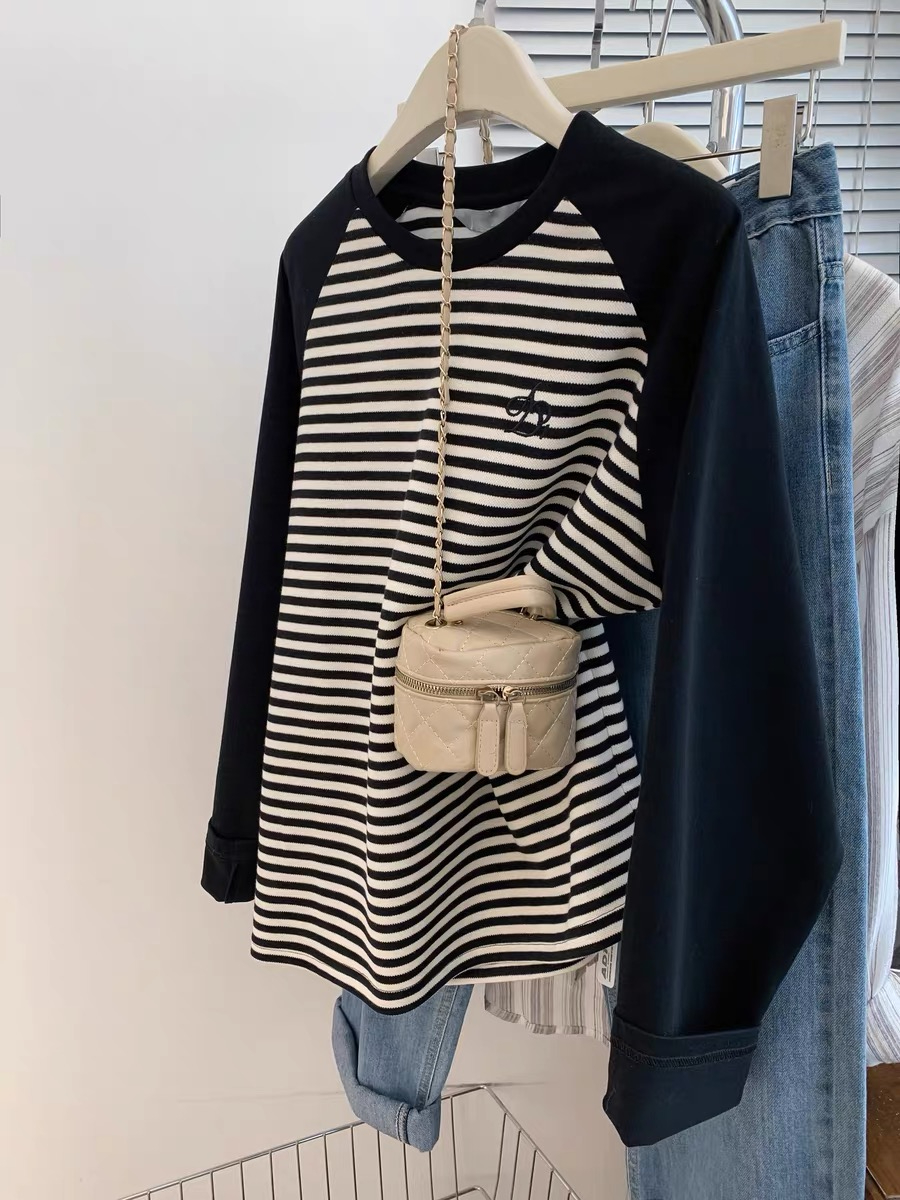 40 count pure cotton large size women's clothing 200 pounds early spring new striped raglan sleeve t-shirt women's long-sleeved top