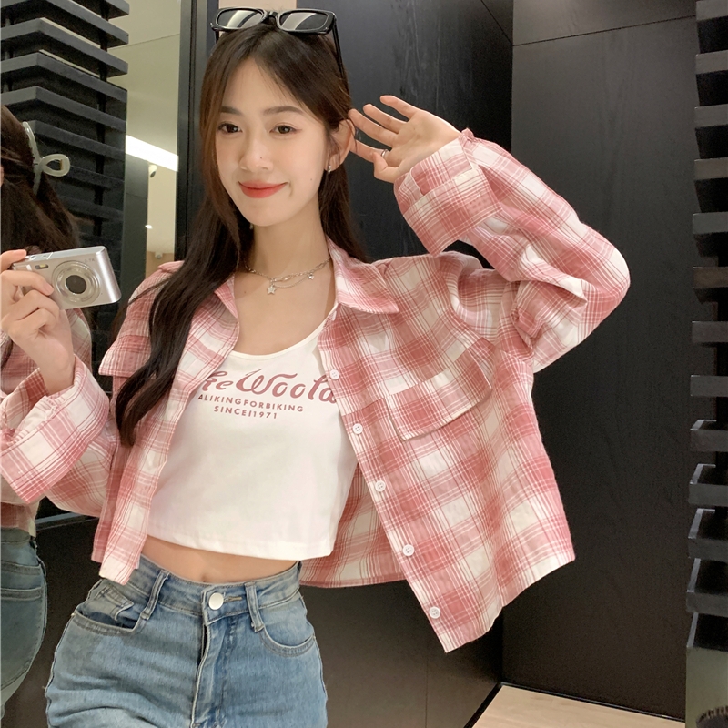 Pink plaid short-sleeved shirt for women summer American retro college style Polo collar hottie short top for women