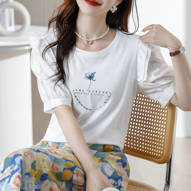 實拍純棉圓領設計感T恤女2024年夏季新款印花泡泡袖短袖寬鬆上衣