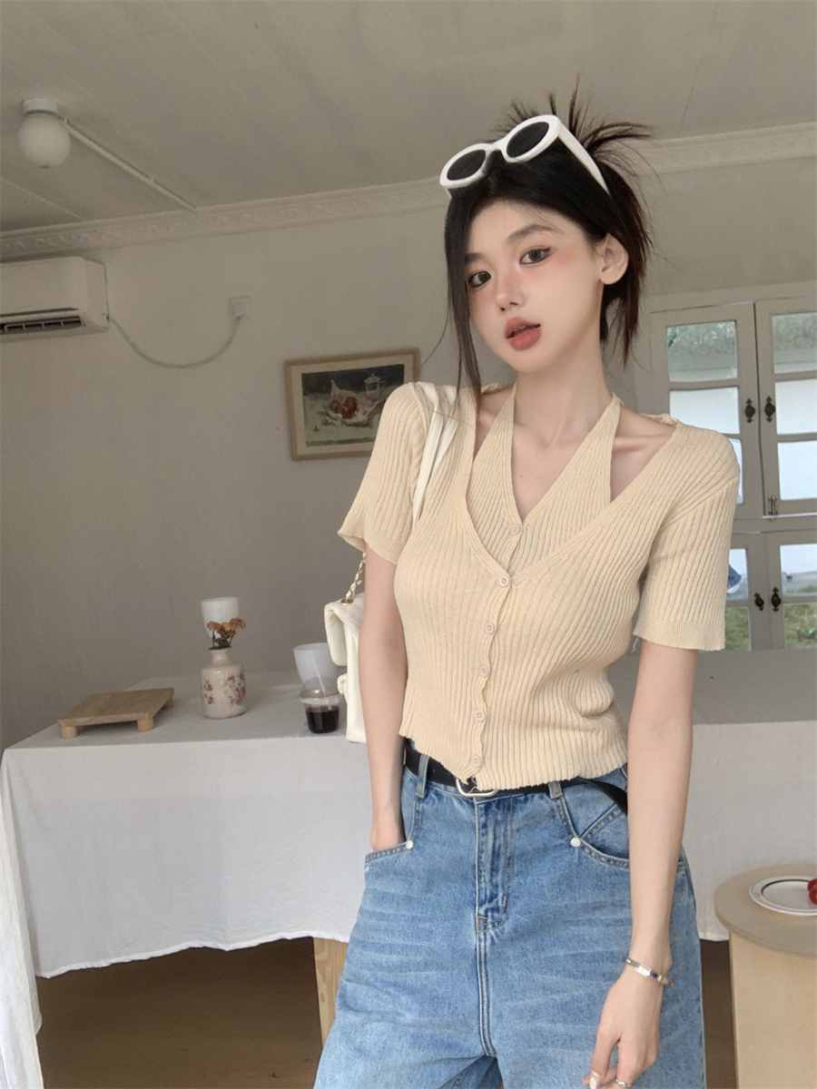 實拍韓版溫柔風假兩件掛脖短袖針織衫別致絕美修身顯瘦上衣
