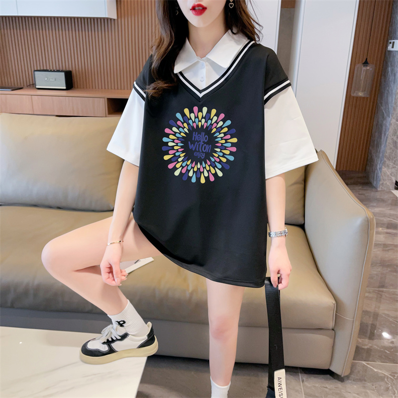 實拍 2024夏裝韓版寬鬆假兩件卡通印花M-3XL大碼短袖T恤女