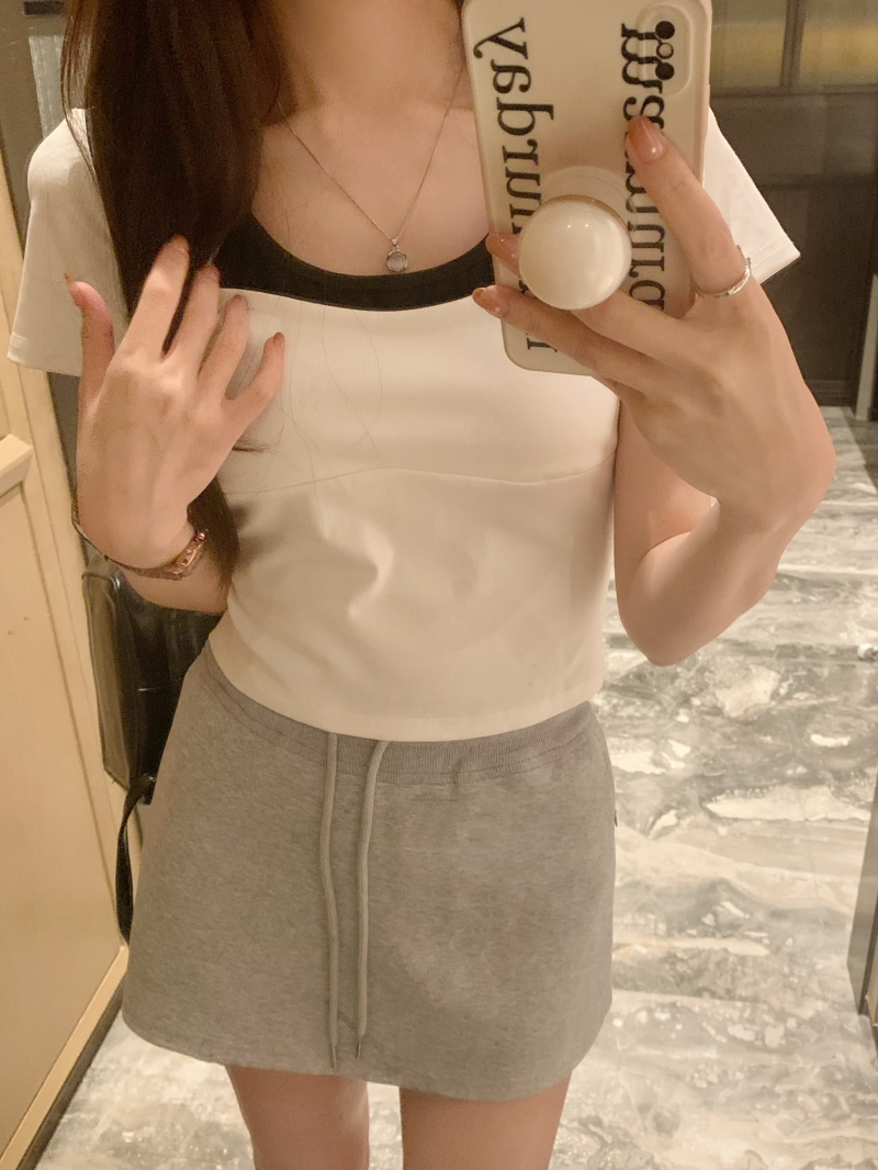 實拍  40支純棉 2024夏裝不規則純棉正肩短袖t恤女吊帶