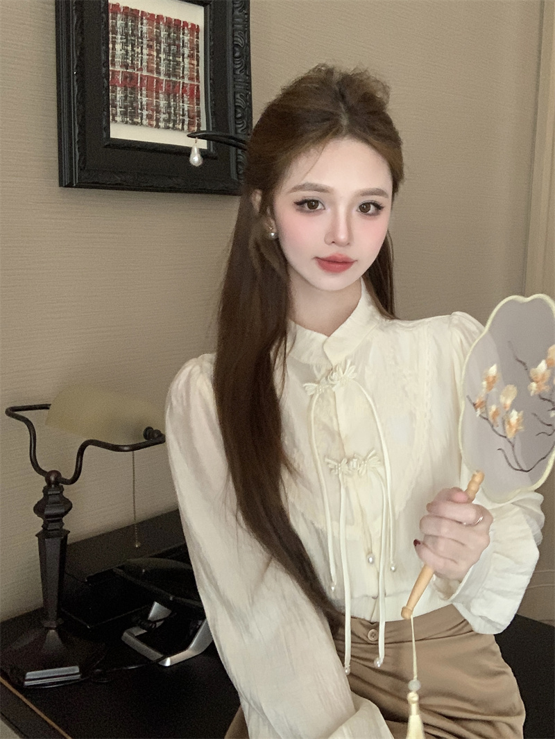 新中式國風流蘇長袖襯衫女春復古設計感小眾盤扣上衣實拍