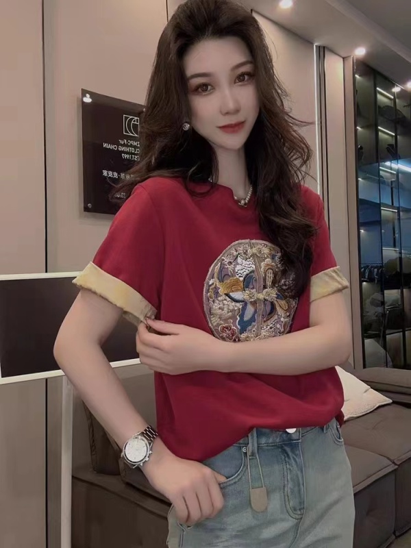國風刺繡拼色短袖T恤女2024春季新款時尚復古打底衫寬鬆百搭上衣