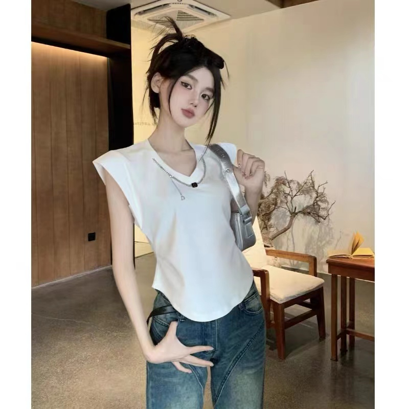 40支95棉設計感鏈條v領短袖t恤女夏季時尚氣質百搭別致褶皺收腰