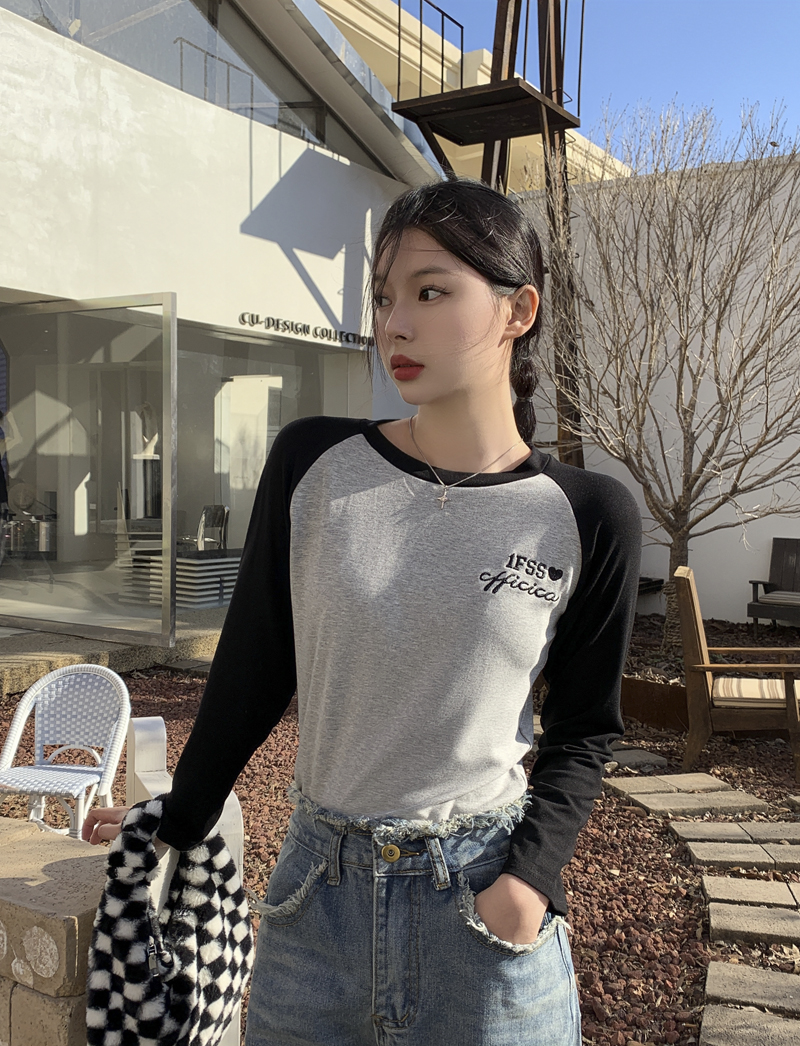 實拍~三標齊~美式復古辣妹撞色拼接設計百搭長袖休閒打底衫