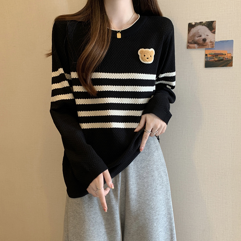 品質 洋氣減齡條紋長袖針織打底衫女秋冬遮肉顯瘦內搭女毛衣