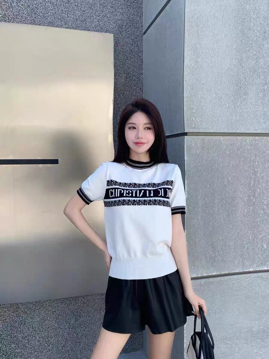 歐貨24ss早春新款字母刺繡撞色休閒修身顯瘦短袖簡約針織毛衣女潮