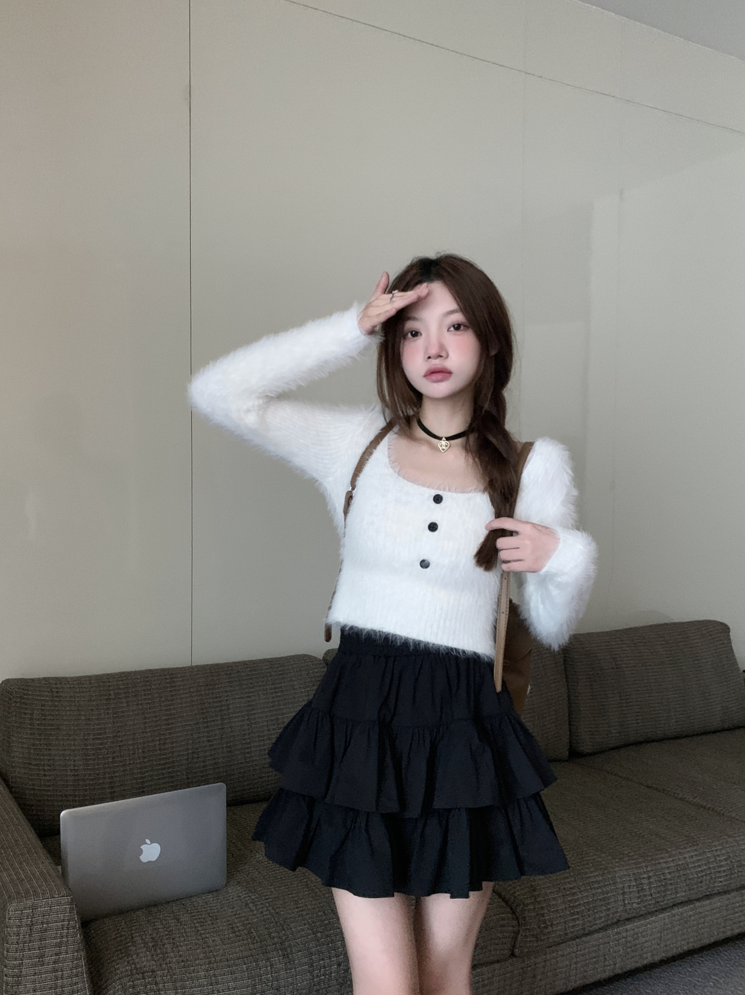 實拍~2024黑色短裙甜美少女蓬蓬裙高腰顯瘦減齡蛋糕裙半身裙
