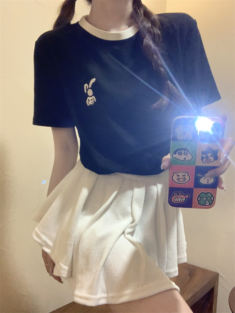 大碼小兔子刺繡撞色圓領珠地棉T恤短袖寬鬆休閒