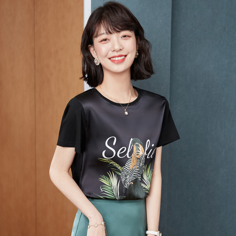 實拍重磅新款夏裝桑蠶絲T恤上衣洋氣2024真絲短袖女印花緞面休閒