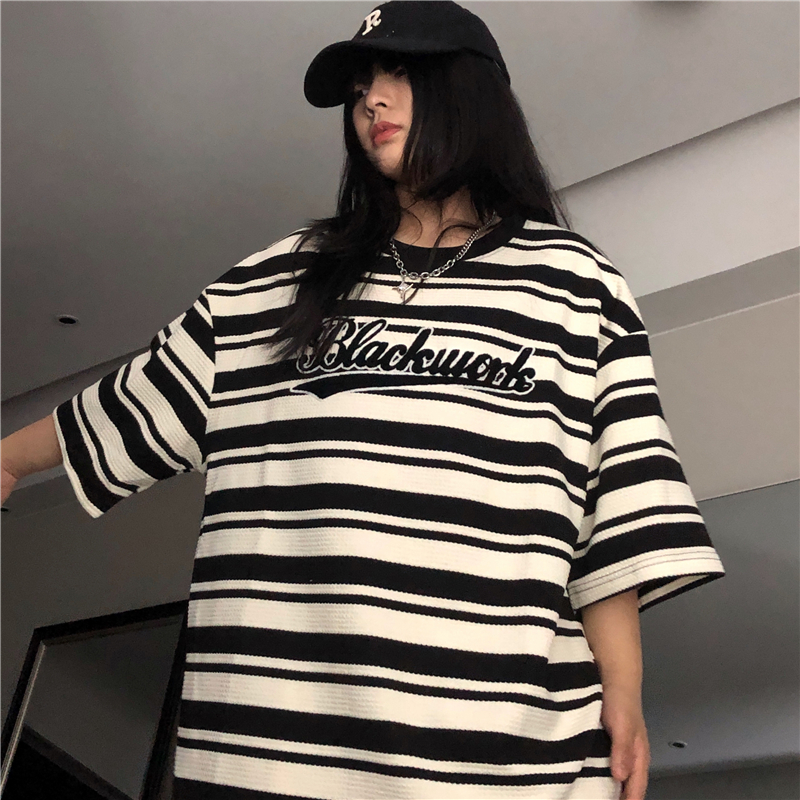 Towel embroidered American retro striped short-sleeved T-shirt for women Korean style loose large size mid-length trendy ins design top