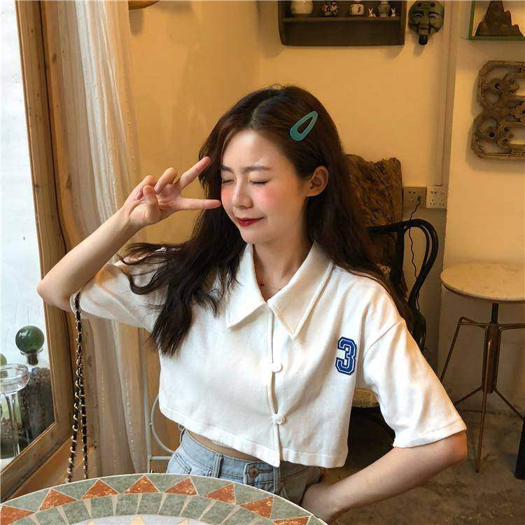 官圖 夏季復古POLO領短袖T恤女學生韓版顯瘦百搭露臍短款上衣