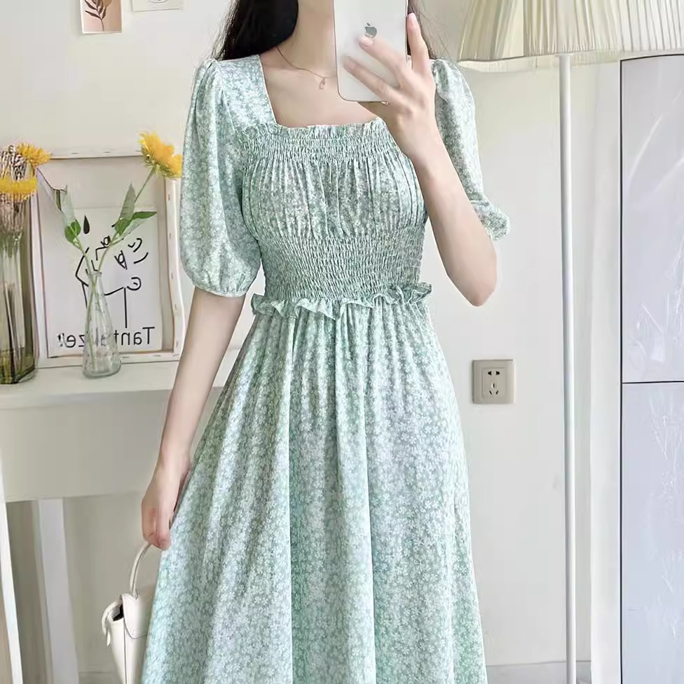 寬鬆顯瘦時尚短袖連衣裙中長款修身法式韓版夏季英倫風碎花新款