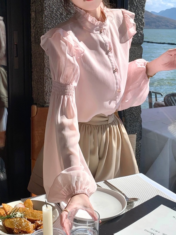 Q女家 冰透甜莓/粉色春日襯衫2024新款氣質千金感長袖襯衣高級感