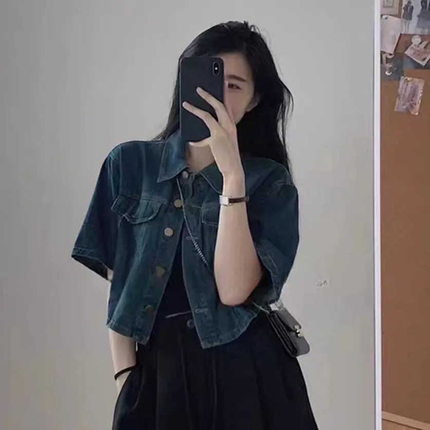 夏季新款牛仔外套女復古小個子短袖上衣高級感牛仔襯衫薄款外搭潮