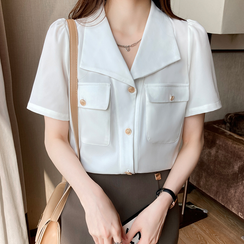 實拍~襯衫女設計感小眾杏色翻領上衣2024夏季新款百搭短袖襯衣