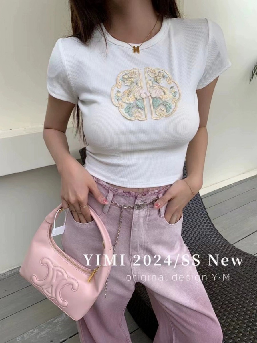 新中式國風浮雕刺繡高級感短袖T恤女2024夏裝新款別致絕美小上衣