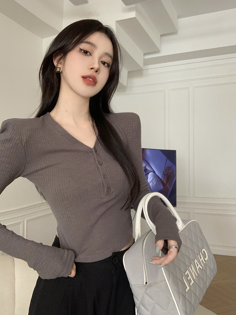 實拍  v領修身長袖T恤春季女純色軟糯時尚上衣