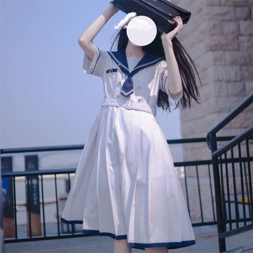 2024夏季日系JK水手服海军领元气少女中长款连衣裙收腰学生A字裙