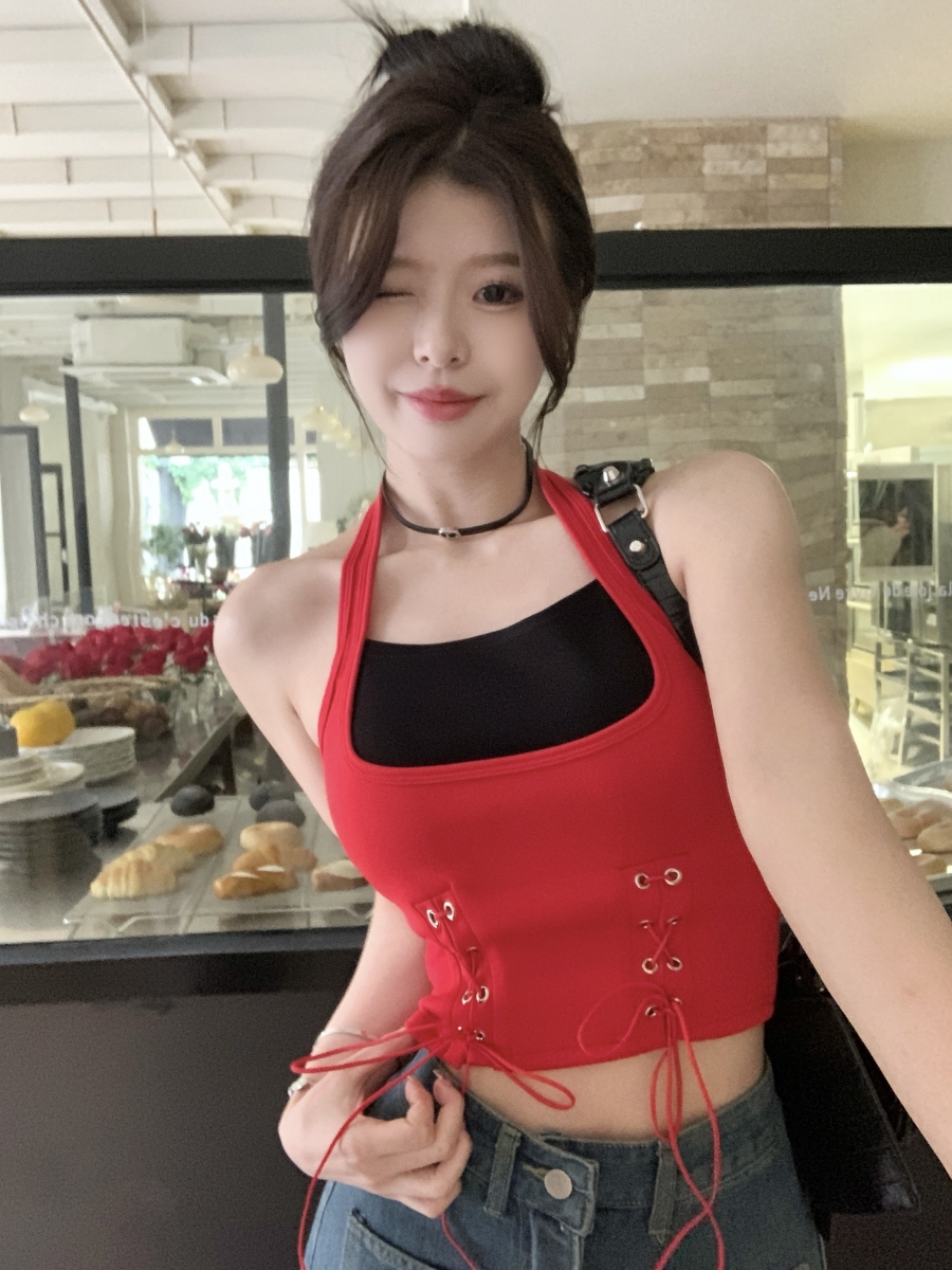 實拍~美式辣妹拼色掛脖吊帶背心綁帶帶胸墊外穿打底衣