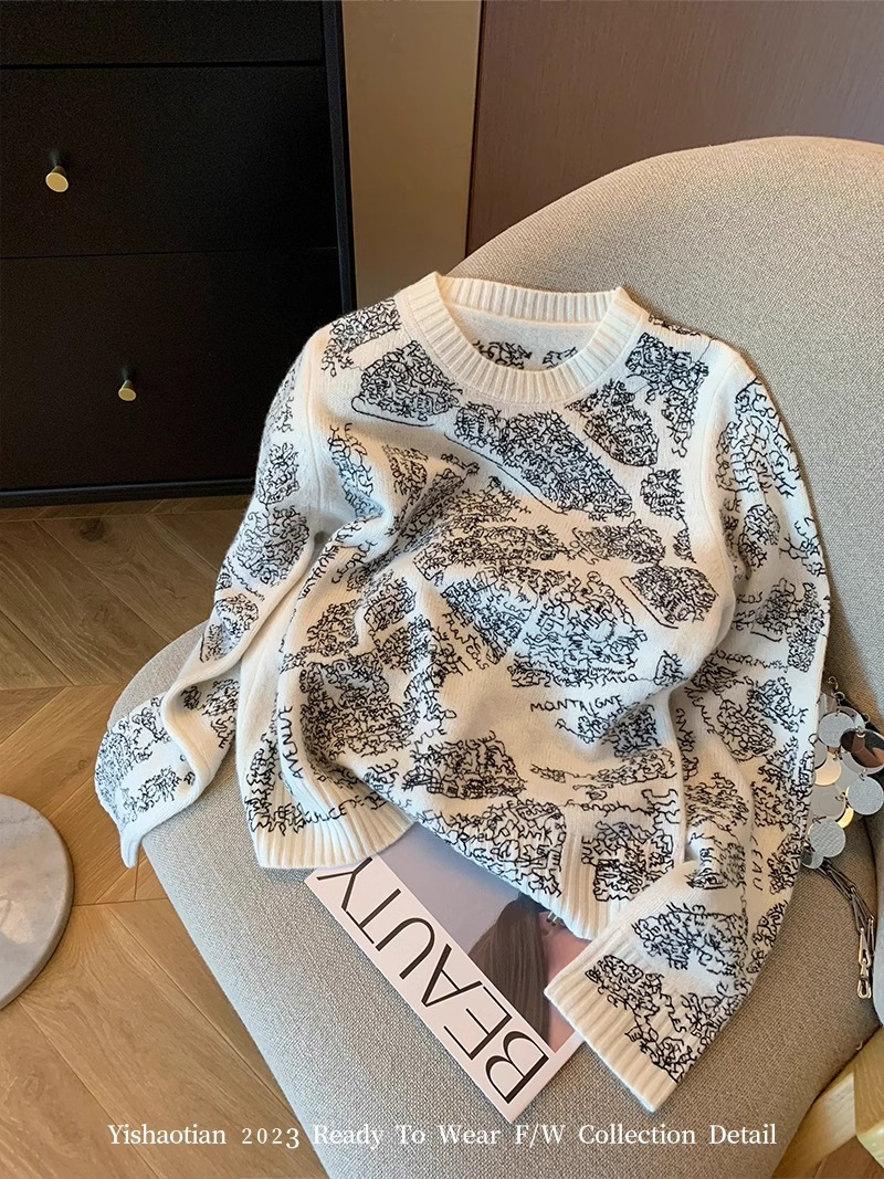 Design abstract pattern printed round neck sweater for women autumn 2024 fashionable casual all-match foreign style pullover sweater