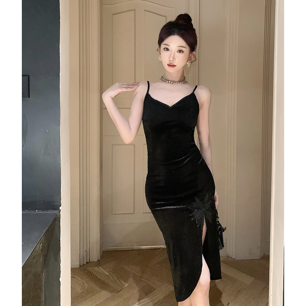 實拍 新款女裝絲絨吊帶打底法式復古連衣裙