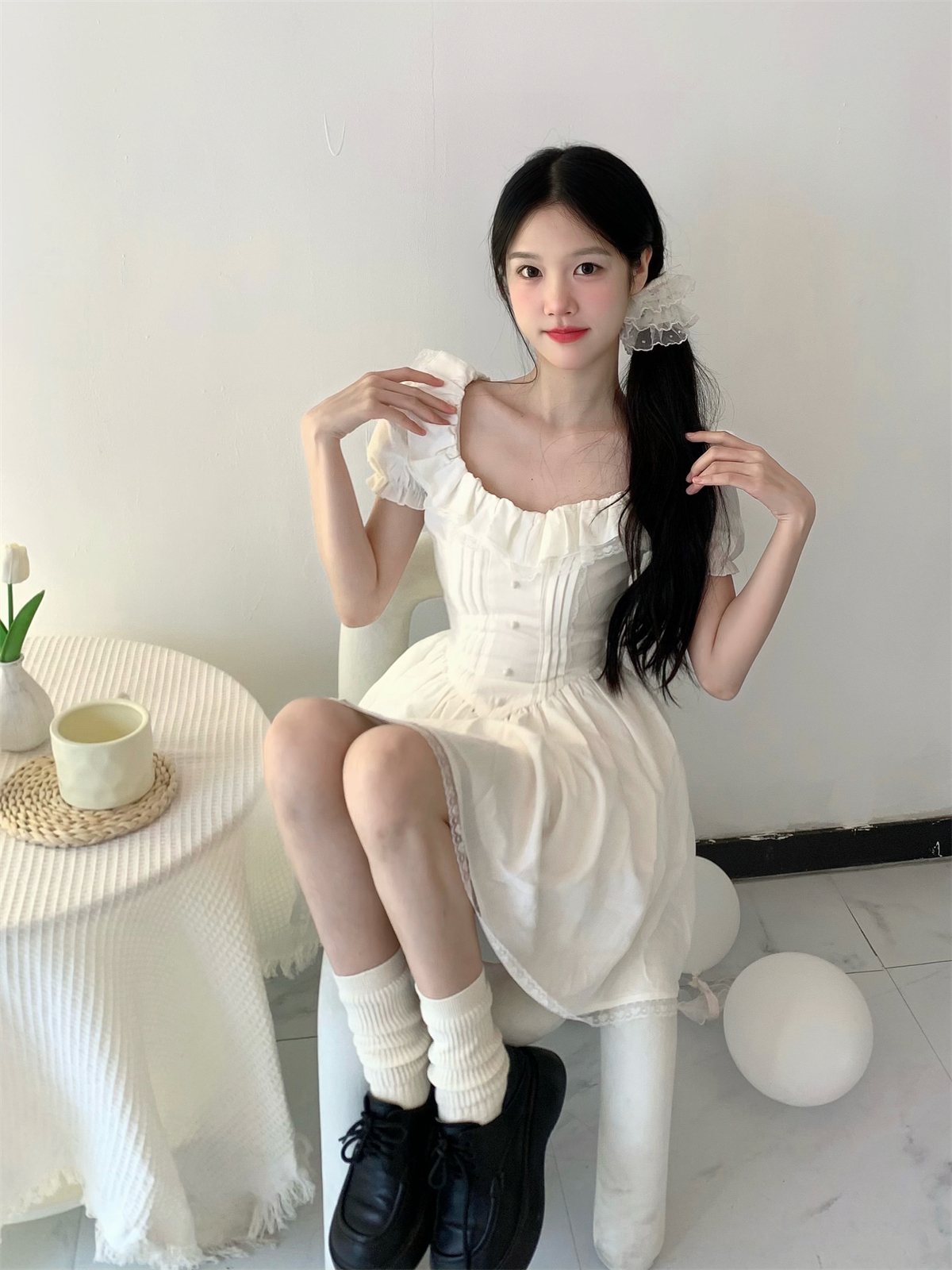 實拍#  夏季法式小個子收腰顯瘦連衣裙女