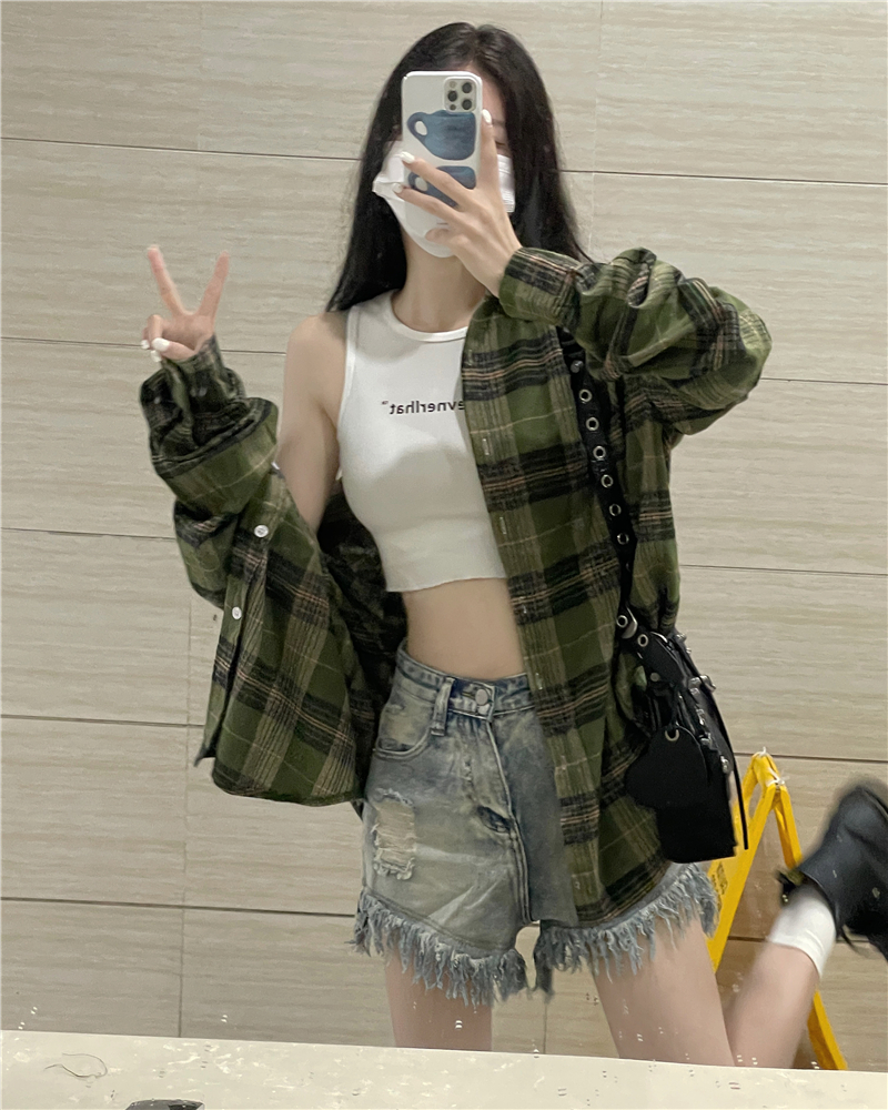 實拍 冪式穿搭早春bm顯白綠格子襯衫寬鬆外套上衣