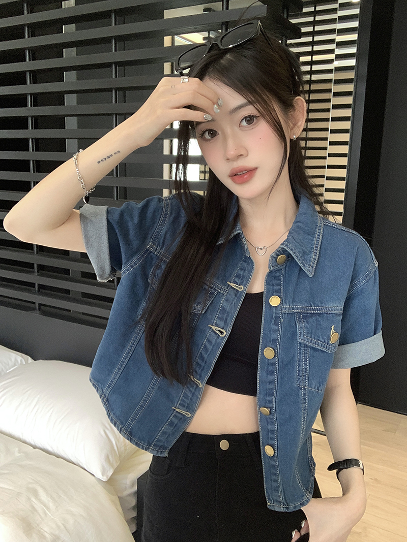 實拍  美式復古短袖牛仔外套女設計感夏季ins潮寬鬆上衣