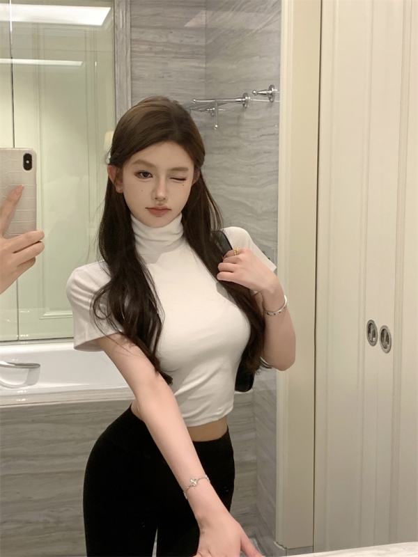 實拍 純欲辣妹高領百搭純色簡約短款打底衫短袖T恤上衣女