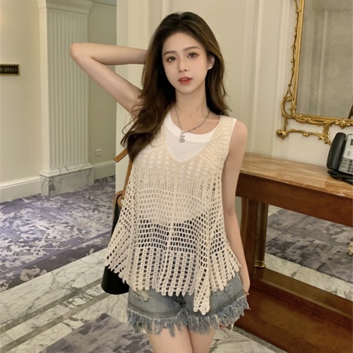 Bohemian style camisole outer blouse women's sweater summer hollow sleeveless vest top design